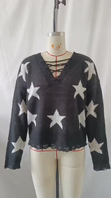 Amsoin Star Jacquard Drawstring Pullover Sweater