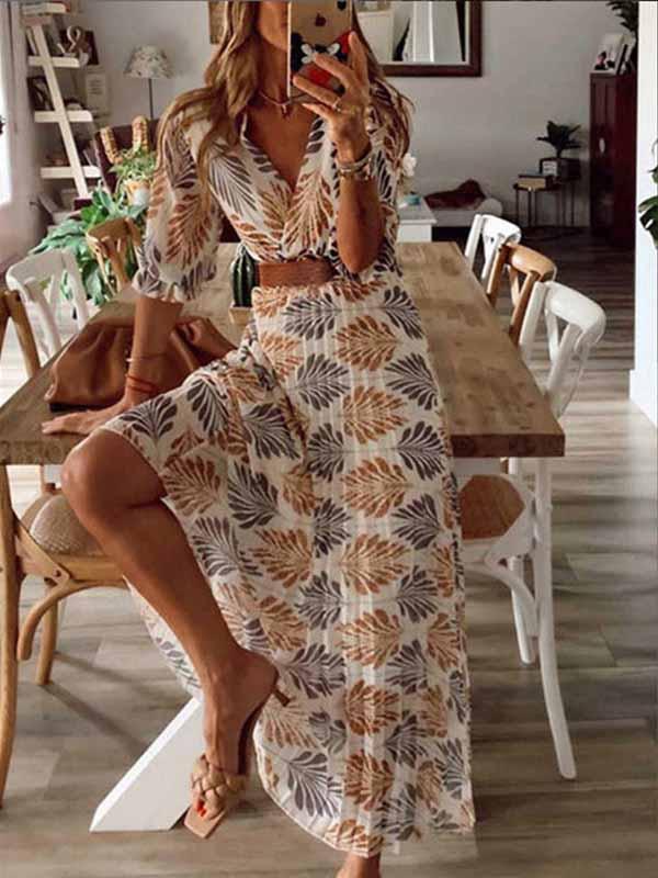 Amsoin V-Neck Printed Maxi Dress