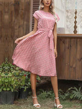 Amsoin Polka Dot Pleated Belt Dress