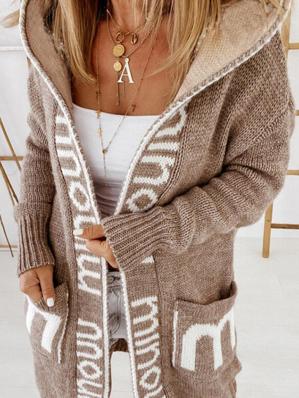 Amsoin Letter Print Pocket Hooded Knit Cardigan