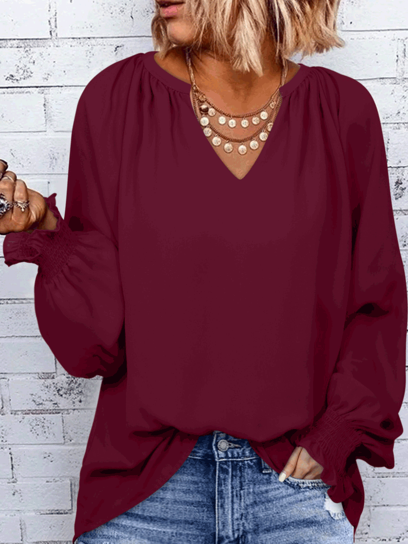 Amsoin Solid Simple V-Neck Long Sleeve Blouse