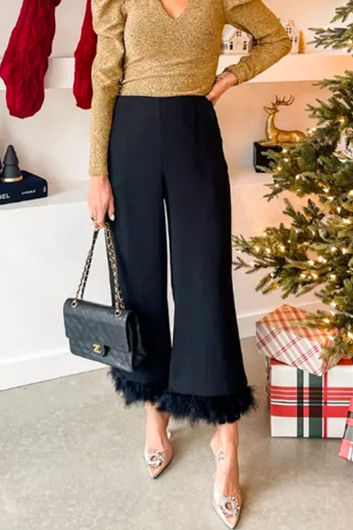 High Waist Feather Hem Wide Leg Pants