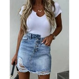 Amsoin Irregular Fringed Denim Skirt