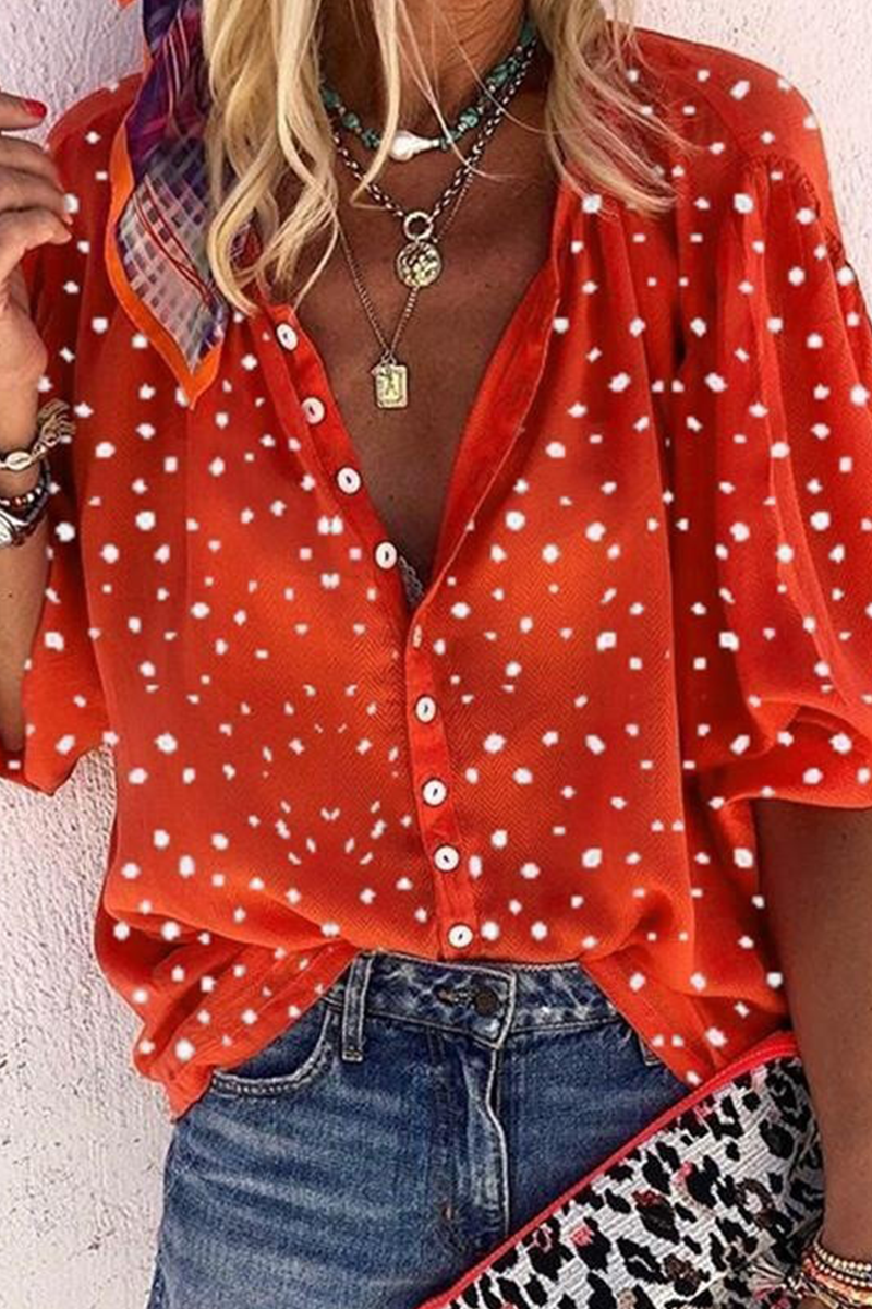 Casual Print Turndown Collar Mid Waist Tops(4 Colors)