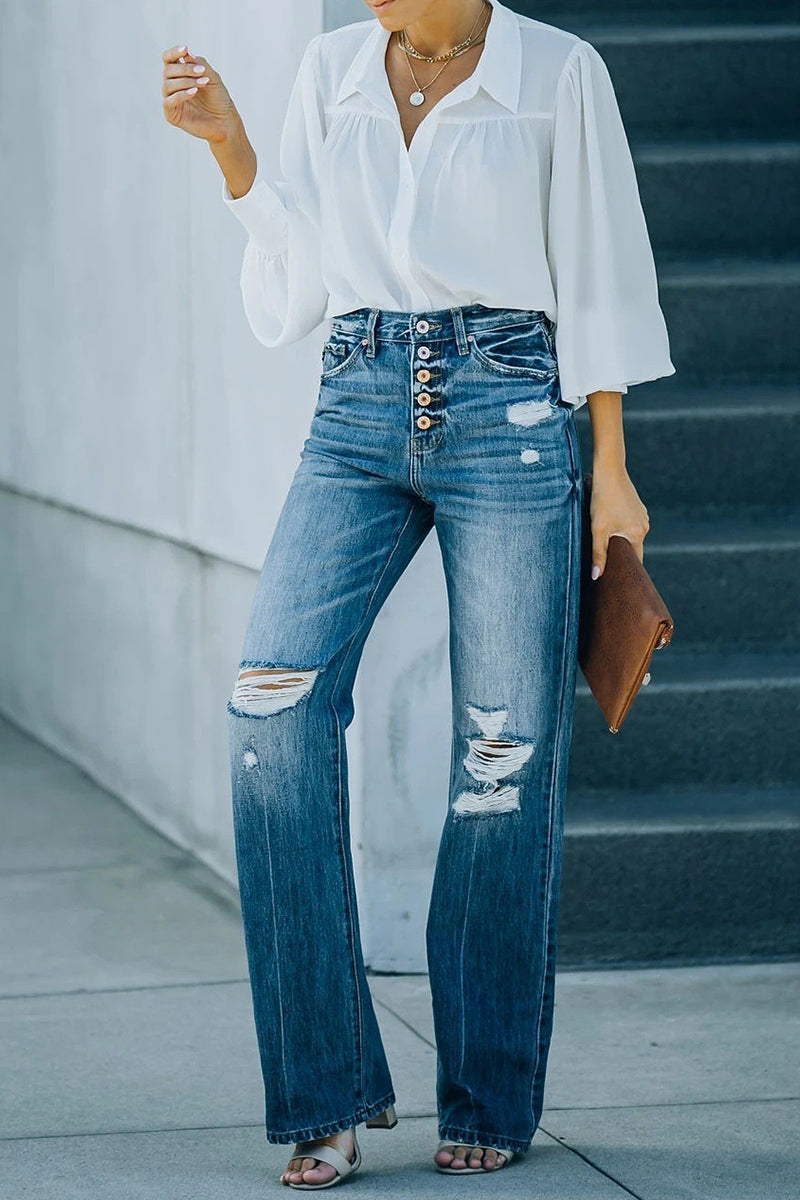 Amsoin Ripped Buckle High Waist Straight Denim Jeans