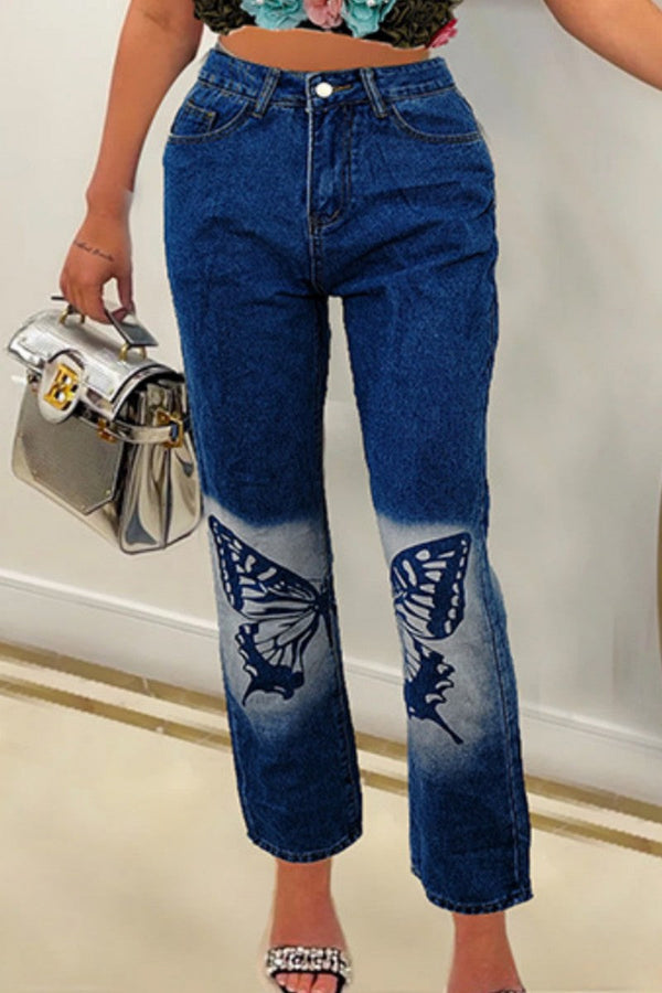 Casual Butterfly Print Patchwork High Waist Regular Denim Jeans