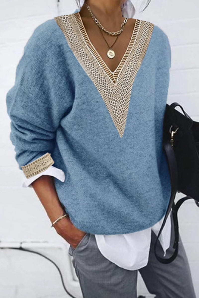 Casual Solid Patchwork V Neck Tops