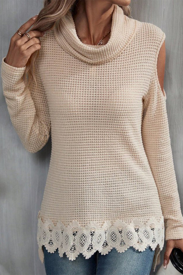 Elegant Solid Lace Turtleneck Tops