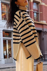 Casual Striped Slit Asymmetrical Turtleneck Tops