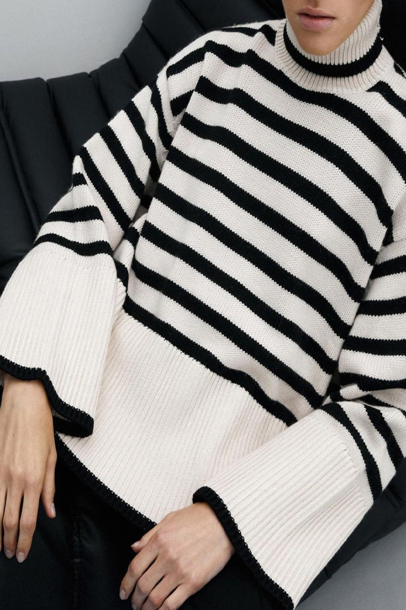 Casual Striped Slit Asymmetrical Turtleneck Tops