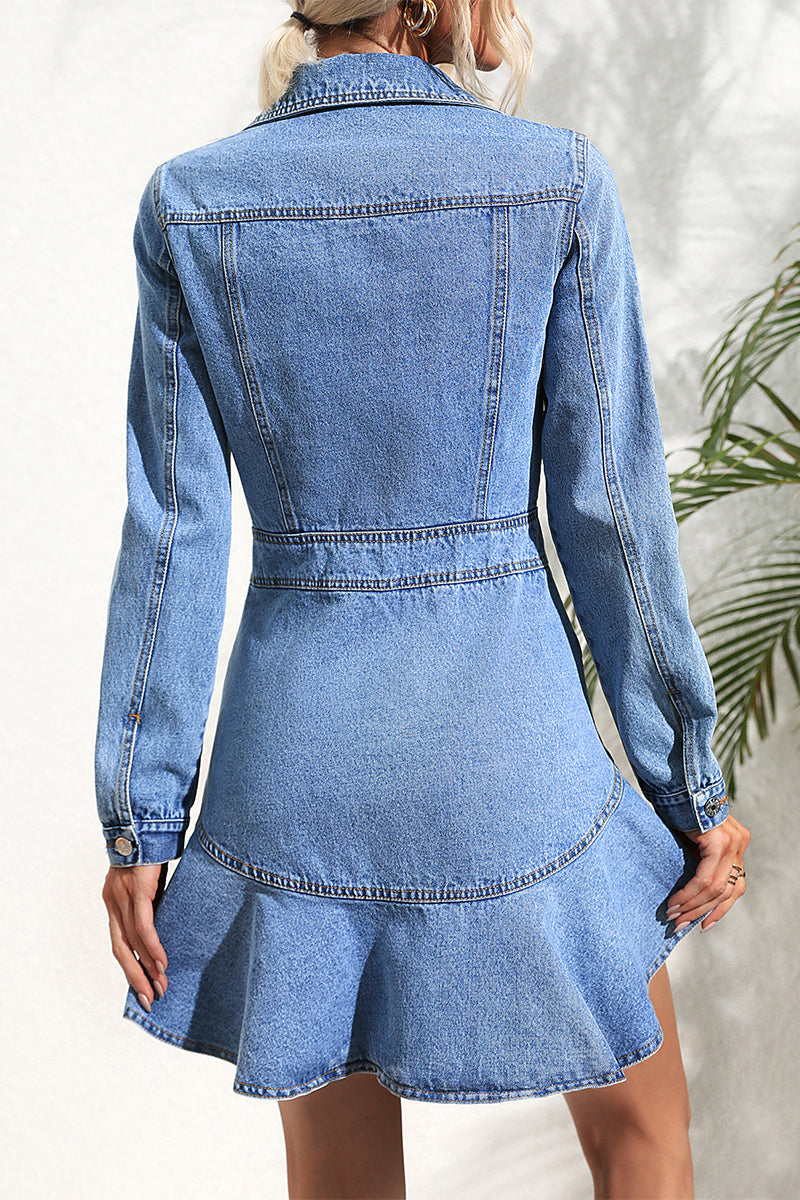 Elegant Solid Patchwork Turndown Collar Long Sleeve Denim Dresses