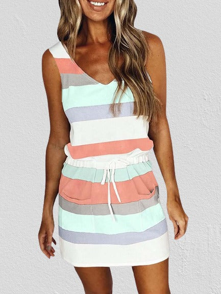 Amsoin Striped Drawstring Vest Dress