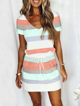 Amsoin Striped Drawstring Short Sleeve Dress