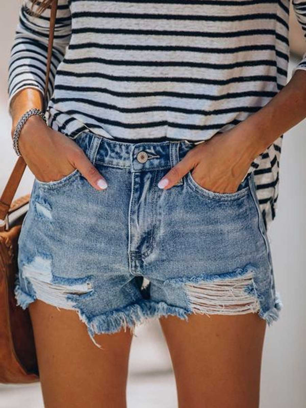 Amsoin Buttons Fringed Jeans Shorts