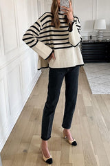 Striped Tuetleneck Side Split Pullover Sweater