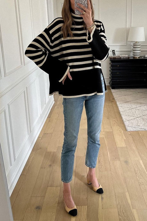 Striped Tuetleneck Side Split Pullover Sweater