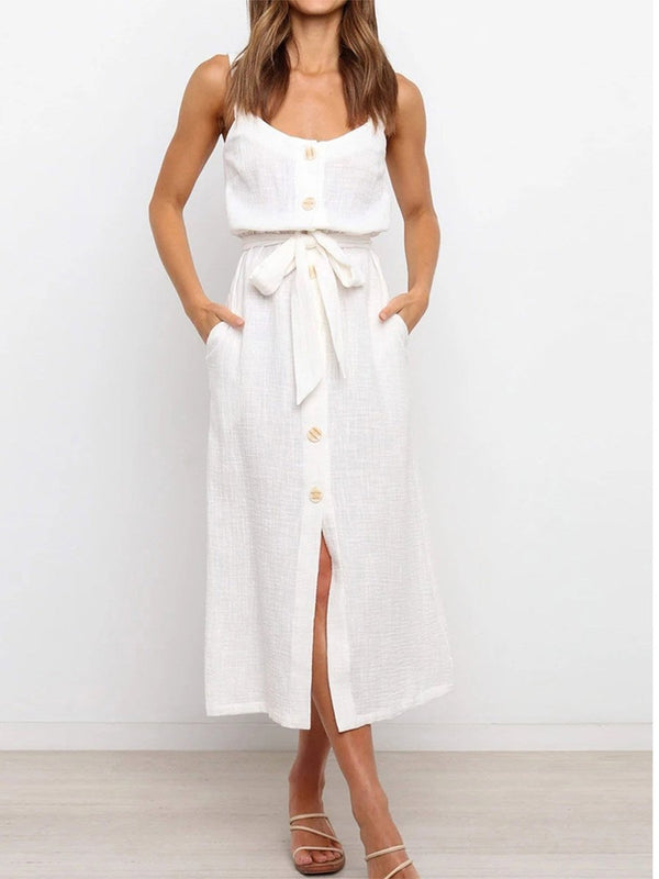 Amsoin Button Slit Belt Dress