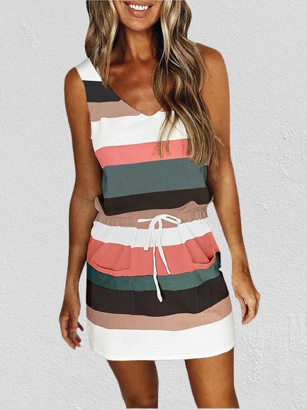 Amsoin Striped Drawstring Vest Dress