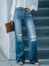 Amsoin Ripped Buckle High Waist Straight Denim Jeans