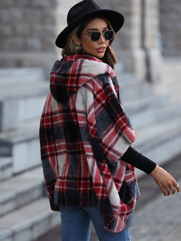 Amaoin Plaid Half Sleeve Open Front Hooded Fleece Jacket