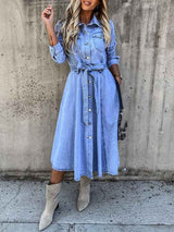 Amsoin Denim Casual High Waist Pocket Lapel Dress