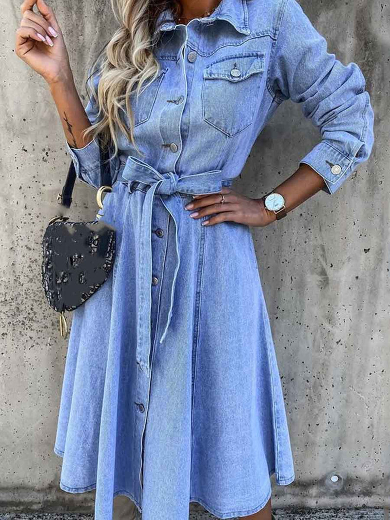 Amsoin Denim Casual High Waist Pocket Lapel Dress