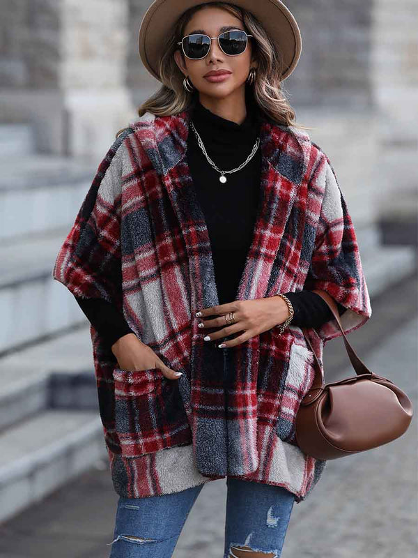 Amaoin Plaid Half Sleeve Open Front Hooded Fleece Jacket