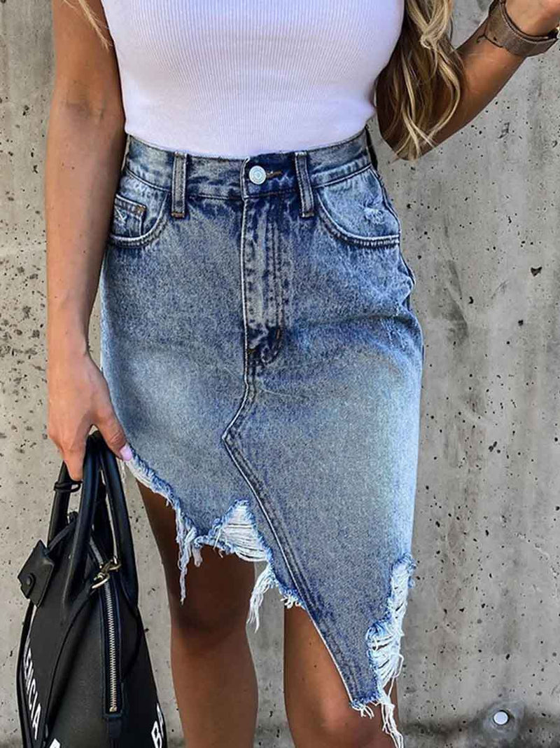 Amsoin Irregular Fringed Denim Skirt