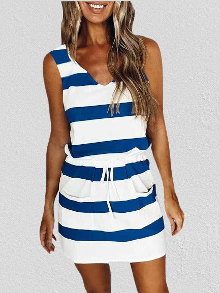 Amsoin Striped Drawstring Vest Dress