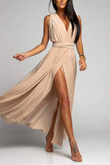 Amsoin V Neck Sleeveless Back Criss Cross High Slit Maxi Party Dress