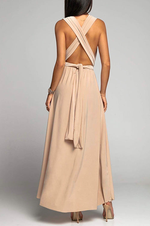 Amsoin V Neck Sleeveless Back Criss Cross High Slit Maxi Party Dress