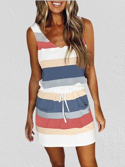 Amsoin Striped Drawstring Vest Dress