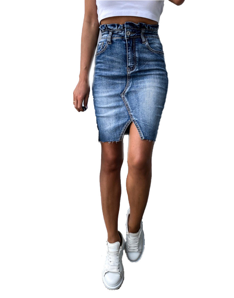 Amsoin Irregular Fringed Denim Skirt