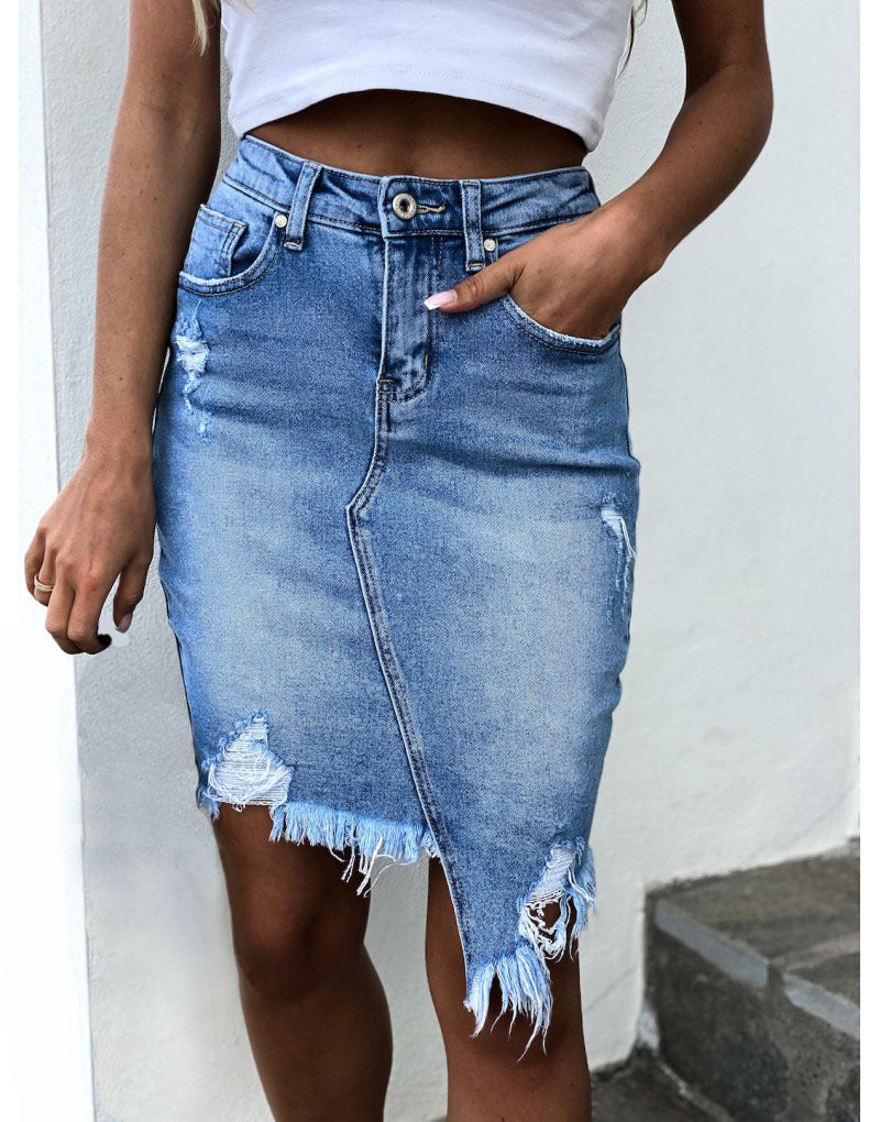 Amsoin Irregular Fringed Denim Skirt