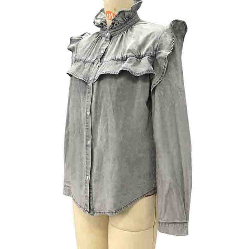 Amsoin Doll Collar Long Sleeve Button Denim Blouse