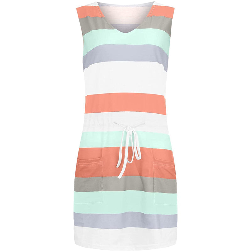 Amsoin Striped Drawstring Vest Dress