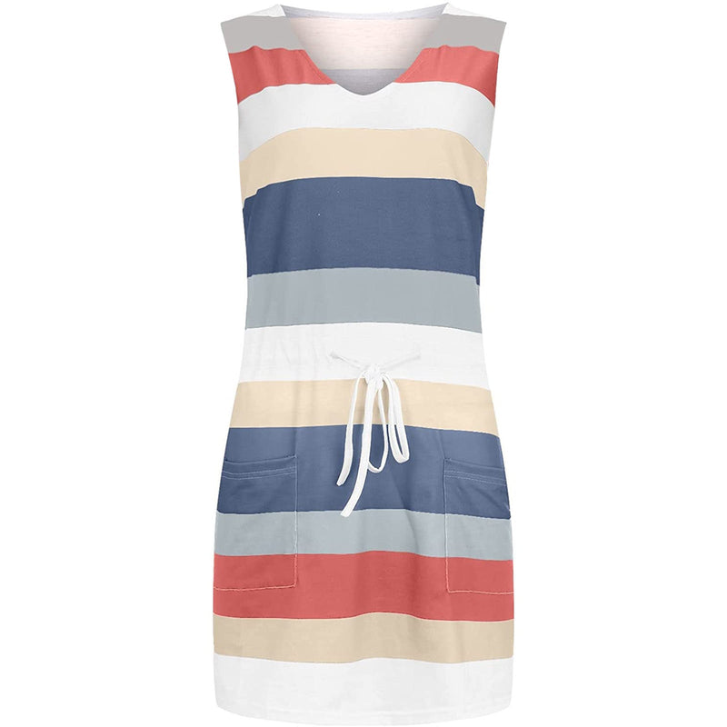 Amsoin Striped Drawstring Vest Dress