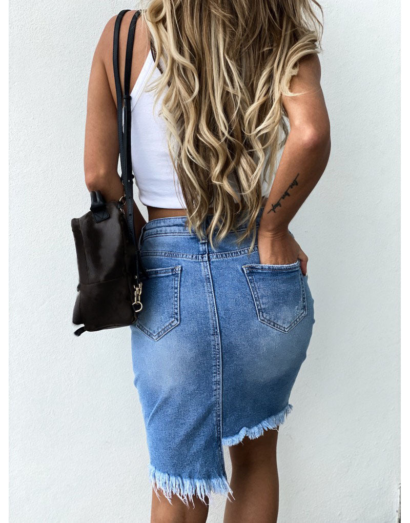 Amsoin Irregular Fringed Denim Skirt