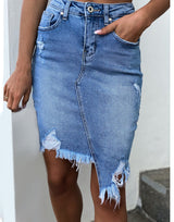 Amsoin Irregular Fringed Denim Skirt