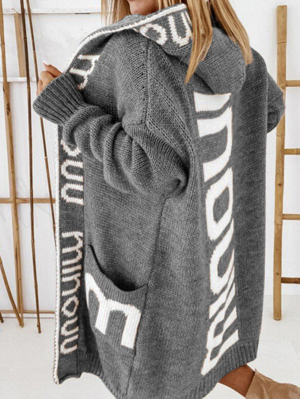 Amsoin Letter Print Pocket Hooded Knit Cardigan