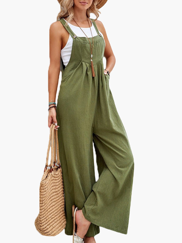 Amsoin Solid Pocket Wide Leg Casual Jumpsuit