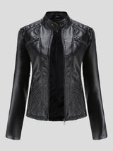 Jackets - Casual Stand-Collar Slim Solid Leather Jacket - MsDressly