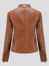 Jackets - Casual Stand-Collar Slim Solid Leather Jacket - MsDressly