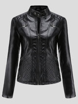 Jackets - Casual Stand-Collar Slim Solid Leather Jacket - MsDressly