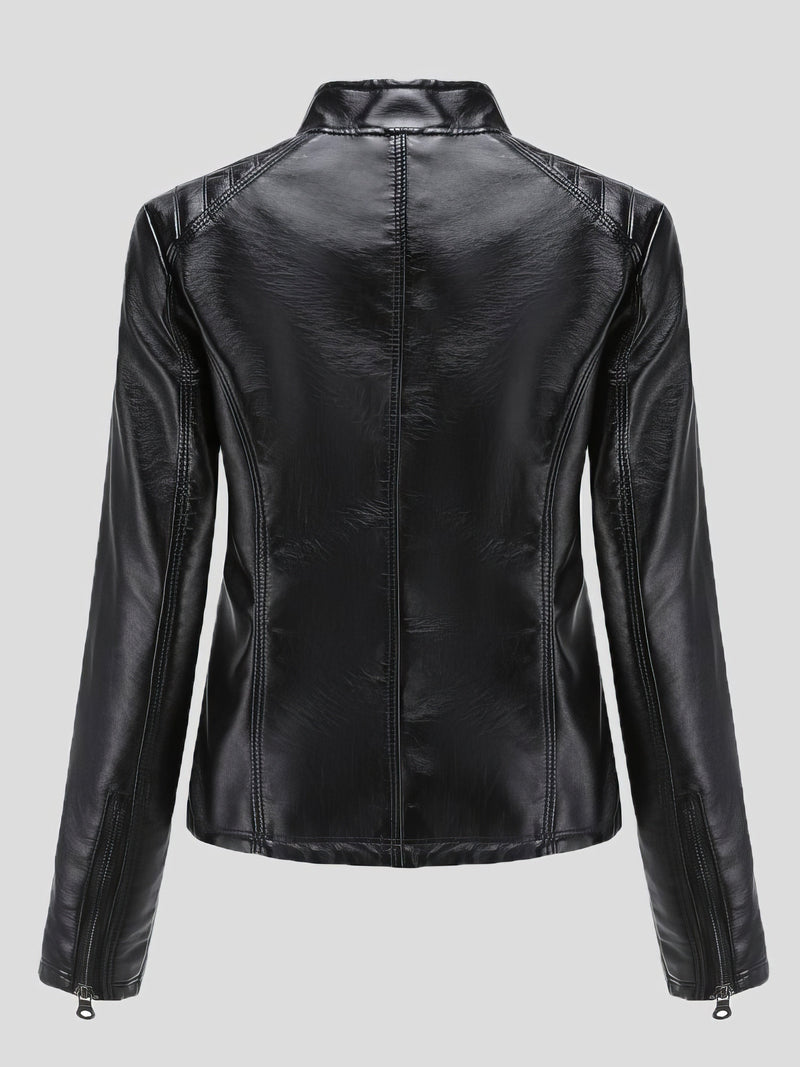 Jackets - Casual Stand-Collar Slim Solid Leather Jacket - MsDressly