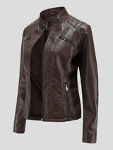 Jackets - Casual Stand-Collar Slim Solid Leather Jacket - MsDressly